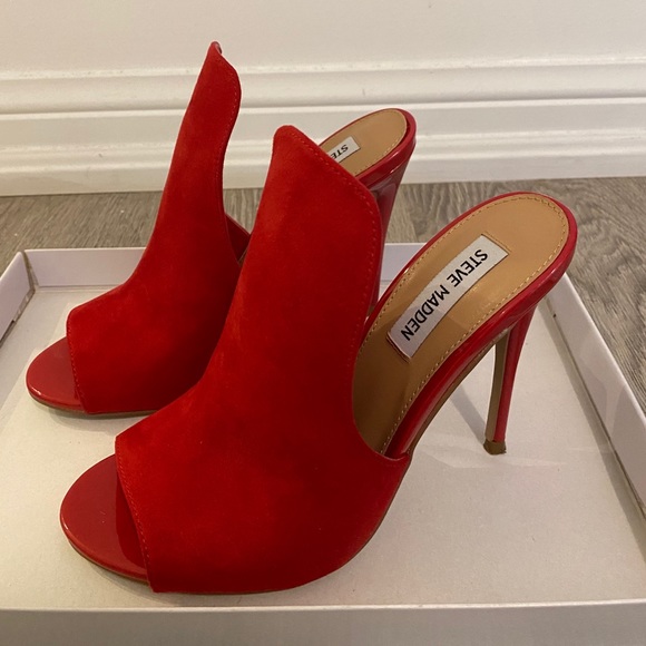 Sinful Red Suede Leather Peep-Toe Mules Size 7 - Picture 2 of 6